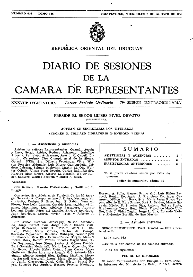 DIARIO DE SESIONES DE LA CAMARA DE REPRESENTANTES del 02/08/1961